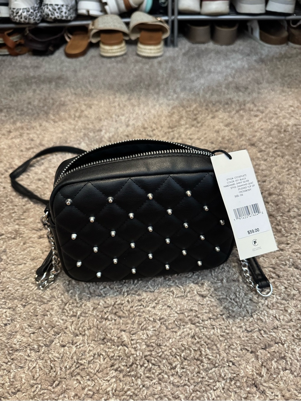 Black Quilted Crossbody Bag with Stud Accents (R&M)